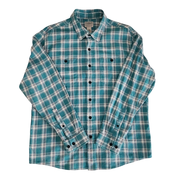 L.L. BEAN Teal Plaid Flannel Shirt traditional fit men's size medium - Picture 4 of 13